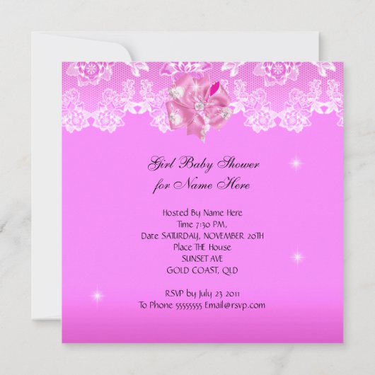 かわいい女の子の赤ちゃんシャワーパーティーピンクホワイトレース 招待状 (裏面)