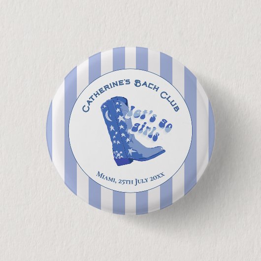 かわいい女の子の青いカウガールブーツストライプ 缶バッジ (正面)