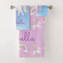 かわいい女の子の魔法のユニコーンパーソナライズされた虹 バスタオルセット