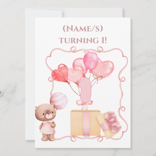 かわいい女の子の1歳の誕生日 招待状 (正面)