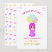 かわいい女の子の3歳の誕生日招待状 招待状 (正面/裏面)