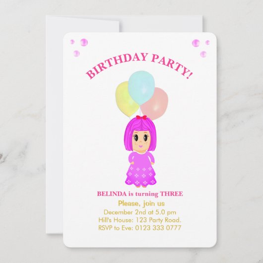 かわいい女の子の3歳の誕生日招待状 招待状 (正面)