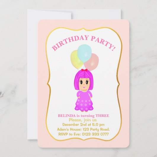 かわいい女の子の3歳誕生日パーティー招待状 招待状 (正面)