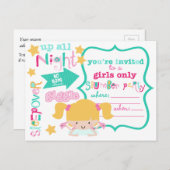 かわいい女の子のSleepoverのパーティの招待状 インビテーションポストカード (正面/裏面)