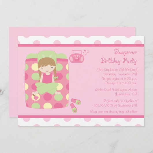 かわいい女の子のsleepoverの誕生日のパーティの招待状 招待状 (正面/裏面)