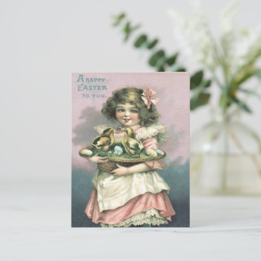 かわいい女の子イースターバスケットシック色卵 シーズンポストカード (スタンド正面)