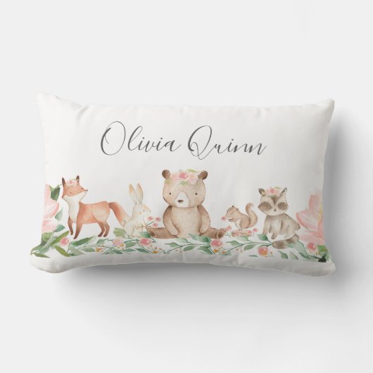 かわいい女の子ウッドランドアニマルズピンクベビー ランバークッション (正面)