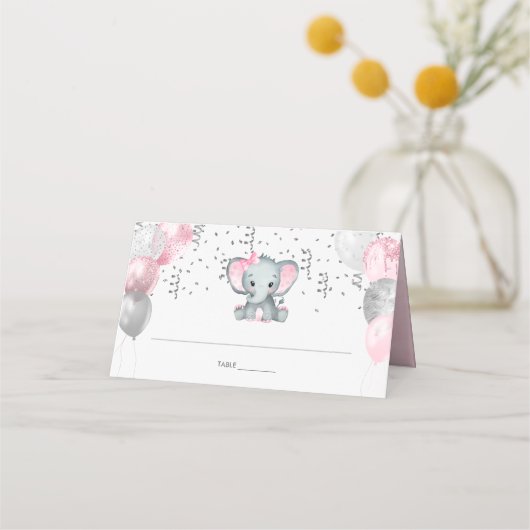 かわいい女の子エレファントピンクバルーン赤ちゃんシャワー プレイスカード (裏面)