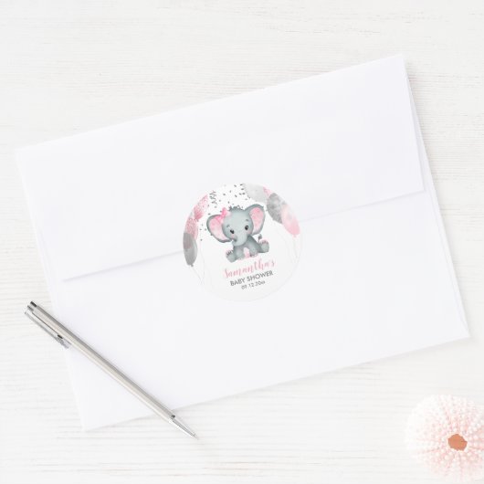 かわいい女の子エレファントピンクバルーン赤ちゃんシャワー ラウンドシール (封筒)