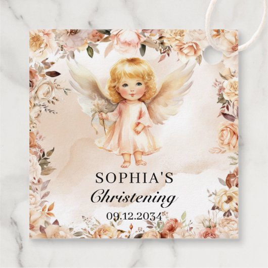 かわいい女の子エンジェル赤面とアイボリー花バプテスマ フェイバータグ (裏面)