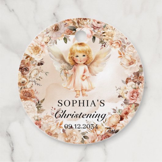 かわいい女の子エンジェル赤面とアイボリー花バプテスマ フェイバータグ (裏面)