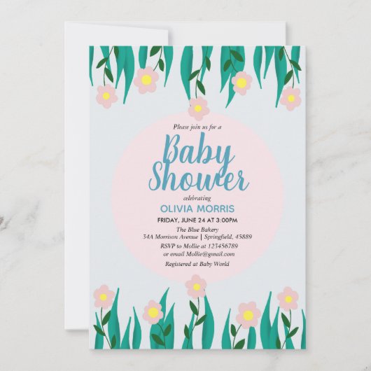 かわいい女の子オッター漫画の花&名前ベビーシャワー 招待状 (正面)