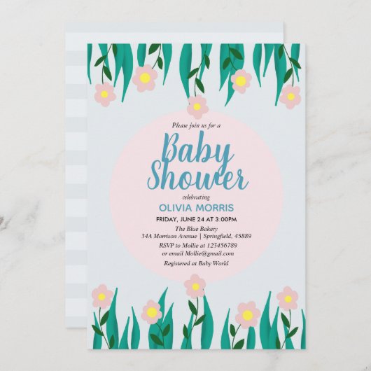 かわいい女の子オッター漫画の花&名前ベビーシャワー 招待状 (正面/裏面)