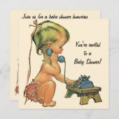 かわいい女の子オンフォン、ヴィンテージベビーシャワー招待状 招待状 (正面/裏面)