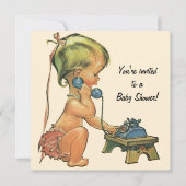 かわいい女の子オンフォン、ヴィンテージベビーシャワー招待状 招待状 (正面)