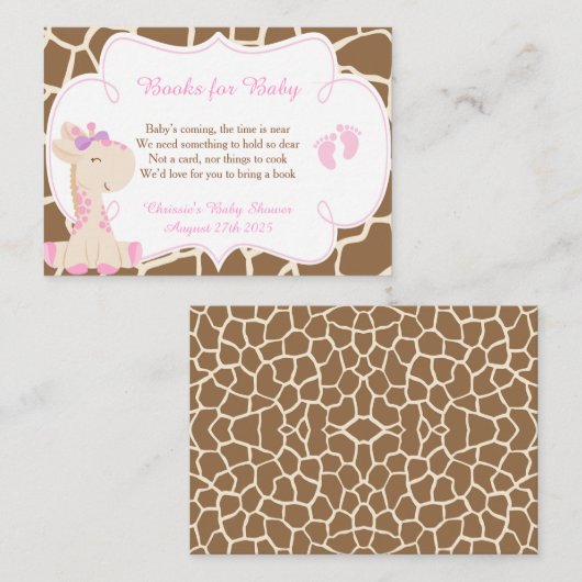 かわいい女の子キリンのブックリクエストの赤ちゃんシャワー エンクロージャーカード (正面/裏面)