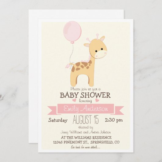 かわいい女の子キリン、ジャングル動物園の動物の赤ちゃんシャワー 招待状 (正面/裏面)