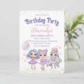 かわいい女の子グリッター人形の誕生日パーティー 招待状 (スタンド正面)