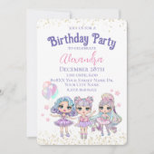 かわいい女の子グリッター人形の誕生日パーティー 招待状 (正面)