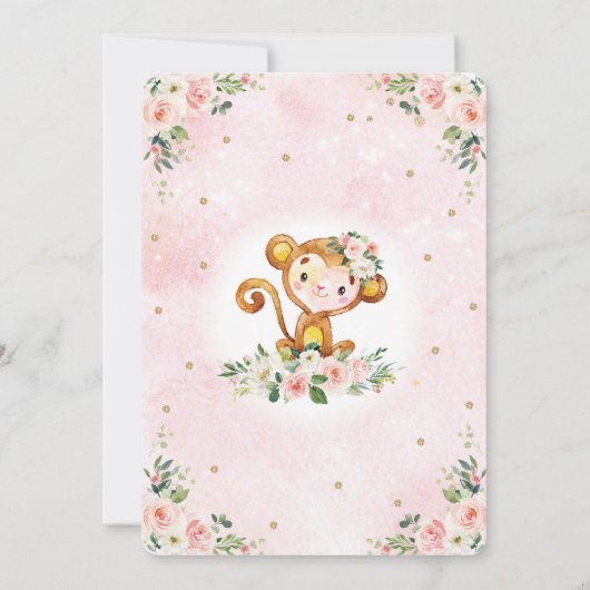 かわいい女の子サルベビーピンク金ゴールドフローラベビーシャワー 招待状 (裏面)