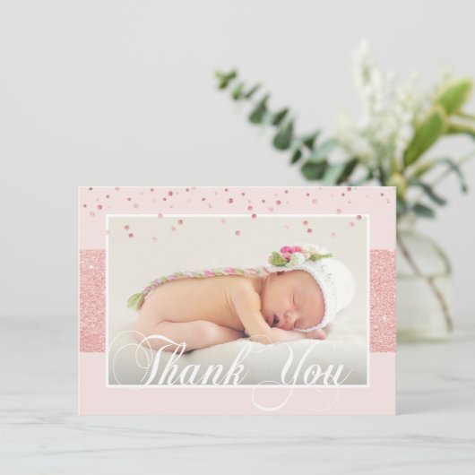 かわいい女の子サンキューピンクローズグリッター | フォト 案内状 (スタンド正面)