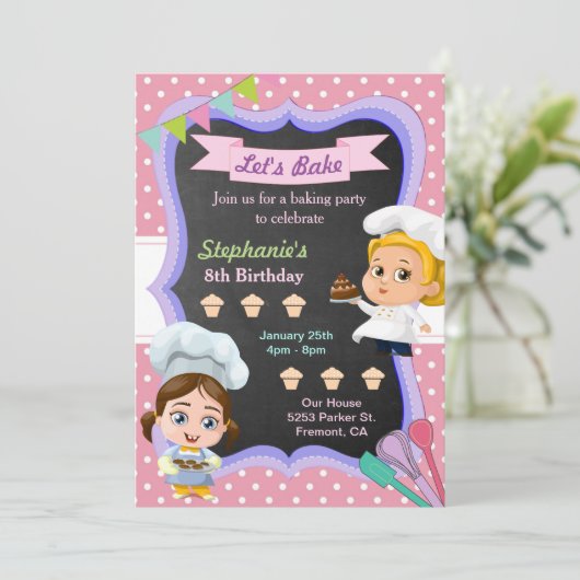 かわいい女の子シェフベーキング誕生日パーティーの招待 招待状 (スタンド正面)