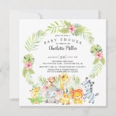 かわいい女の子ジャングル動物の赤ちゃんシャワー 招待状 (正面)
