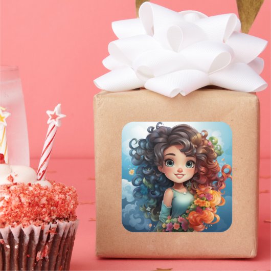 かわいい女の子ステッカー スクエアシール (パーティー)