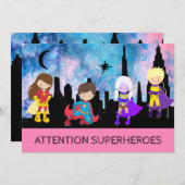 *~*かわいい女の子スーパーヘロス子供の誕生日パーティー 招待状 (正面/裏面)