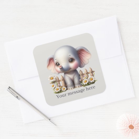 かわいい女の子ゾウにメッセージを追加 スクエアシール (封筒)