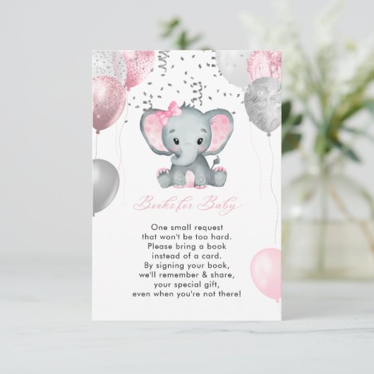 かわいい女の子ゾウの風船ブックス赤ちゃんシャワー エンクロージャーカード (スタンド正面)