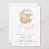 かわいい女の子ゾウフローラムーンベビーシャワー 招待状 (正面/裏面)