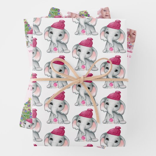 かわいい女の子ゾウ写真名クリスマスピンク ラッピングペーパーシート (インサイチュ)