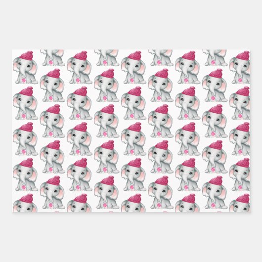 かわいい女の子ゾウ写真名クリスマスピンク ラッピングペーパーシート (正面)