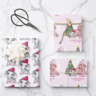 かわいい女の子ゾウ写真名クリスマスピンク ラッピングペーパーシート