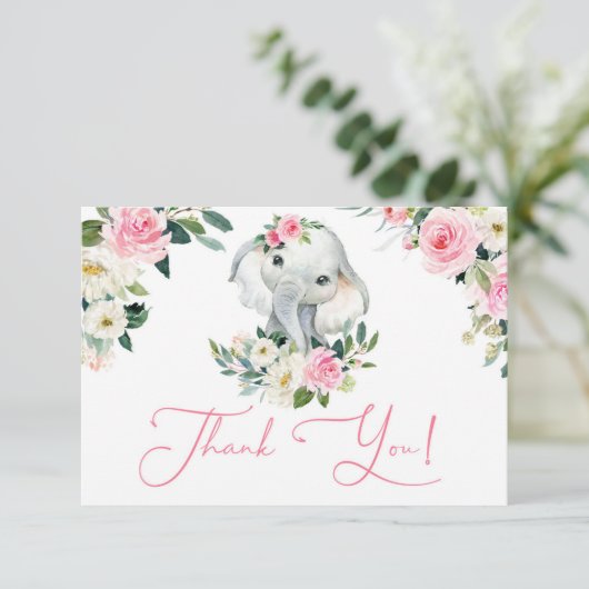 かわいい女の子ゾウ明るいピンクのフローラ赤ちゃんシャワー サンキューカード (スタンド正面)