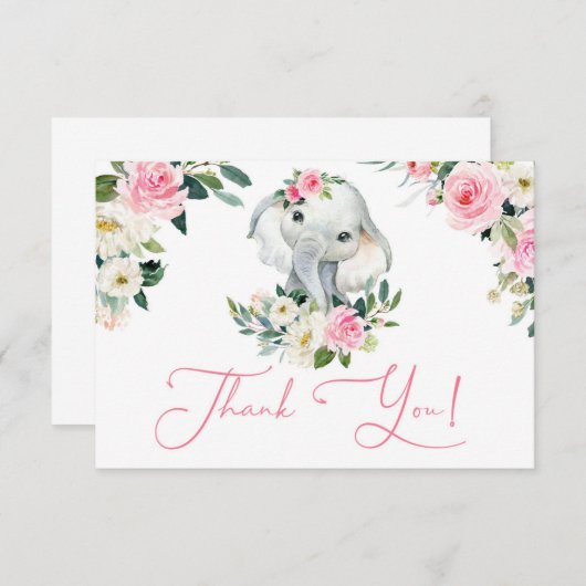 かわいい女の子ゾウ明るいピンクのフローラ赤ちゃんシャワー サンキューカード (正面/裏面)