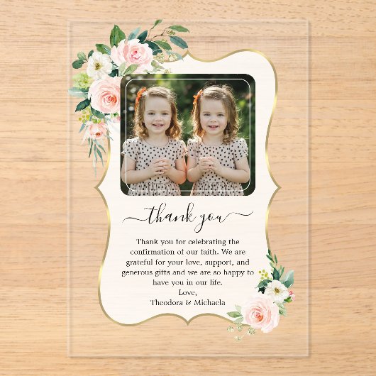 かわいい女の子ツインズ写真確認ありがとう アクリル招待状 (正面)