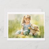 かわいい女の子テディベアウォーターイラストレーション ポストカード (正面/裏面)