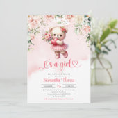 かわいい女の子テディベアハートと花 招待状 (スタンド正面)