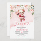 かわいい女の子テディベアハートと花 招待状 (正面/裏面)