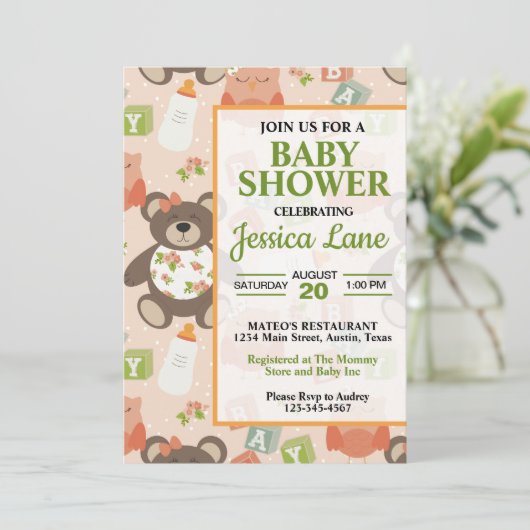 かわいい女の子テディベアベビーシャワー招待状 招待状 (スタンド正面)