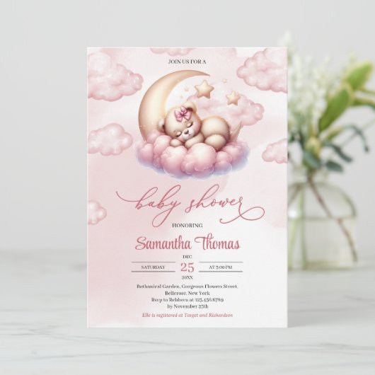 かわいい女の子テディベア月の上で眠っている 招待状 (スタンド正面)