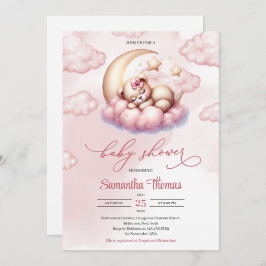 かわいい女の子テディベア月の上で眠っている 招待状 (正面/裏面)