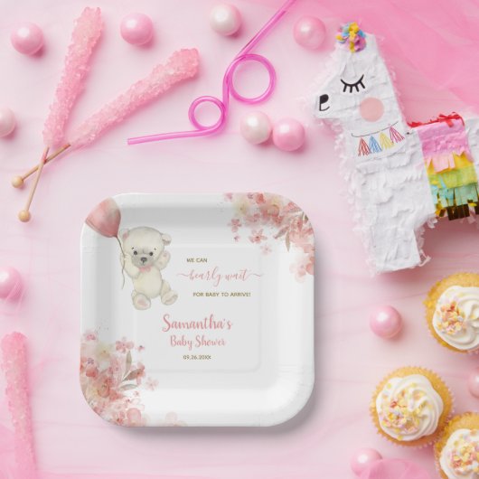 かわいい女の子テディベア水の色ピンクの赤ちゃんシャワー ペーパープレート (パーティー)