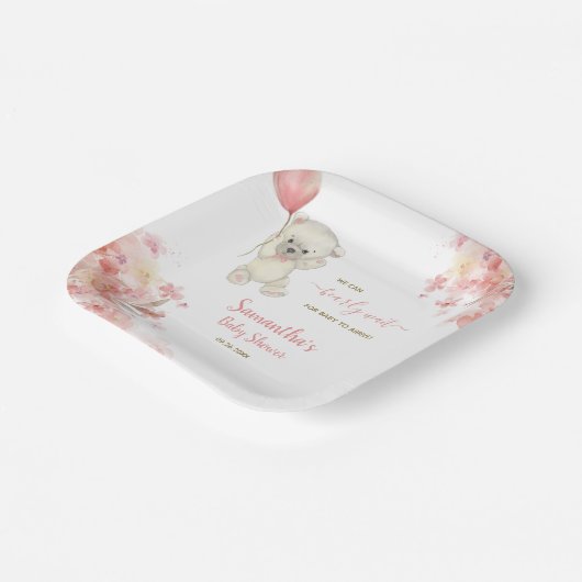 かわいい女の子テディベア水の色ピンクの赤ちゃんシャワー ペーパープレート (傾斜あり)
