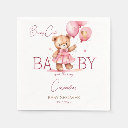 かわいい女の子テディベア赤ちゃんシャワー食器 スタンダードカクテルナプキン (正面)