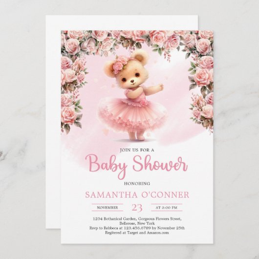 かわいい女の子テディベアtutuバレリーナ赤面バラ 招待状 (正面/裏面)