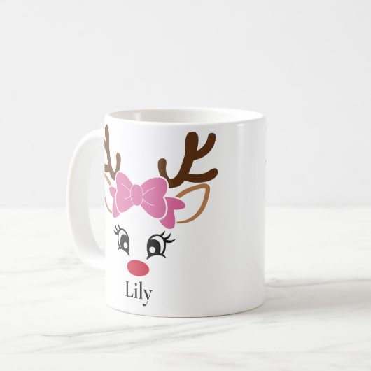 かわいい女の子トナカイのピンクの弓クリスマスマグ コーヒーマグカップ (正面左)
