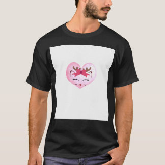 かわいい女の子トナカイ顔オンピンクハート背景 Tシャツ